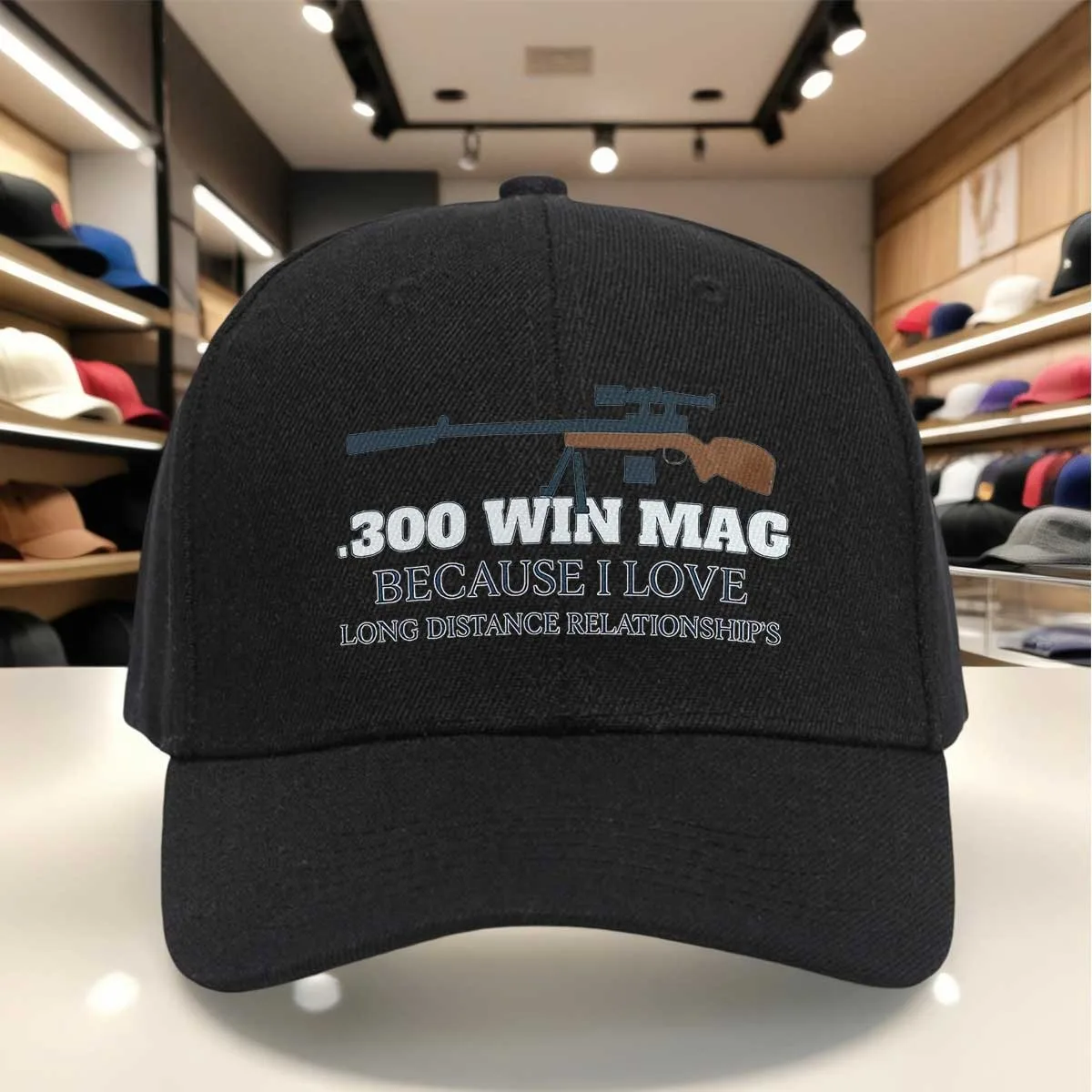300 Win Mag Funny Long Distance Relationship Print Baseball Cap, Rifle Design Cap for Shooting Enthusiasts, Adjustable Casual Da