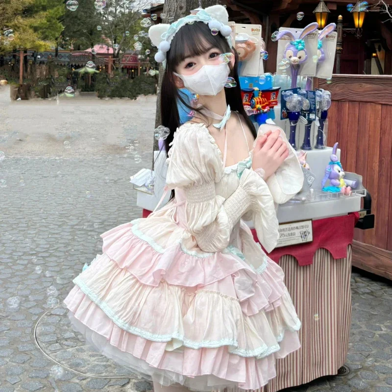 

Японское милое платье Лолиты OP Kawaii 2025, винтажное элегантное кружевное платье принцессы с оборками и бантом, сексуальное тонкое платье с открытыми плечами