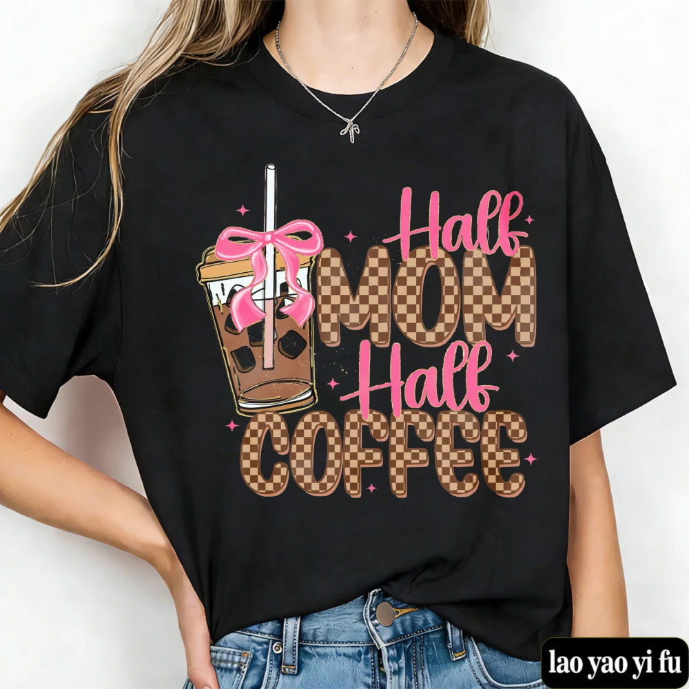 Half Mom Half Coffee T Shirt  Retro Checkered Mama Tops Coffee Cyte Bow Tpos Coffee Lover Women Tees Mother's Day Clothes