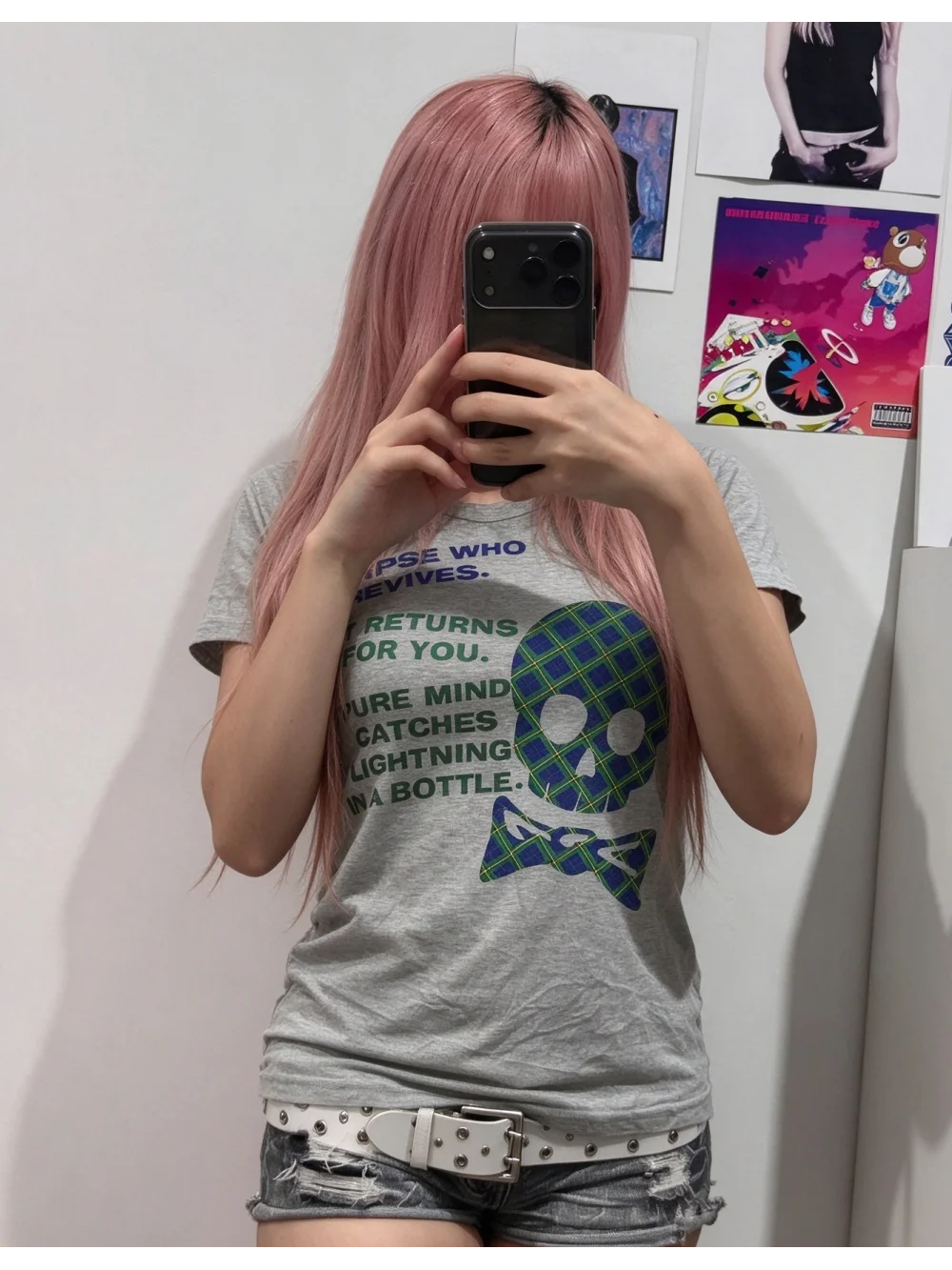 New summer retro punk hot girl top with blue-green checkered skull tie, letter pattern, street casual trend, niche and versatile