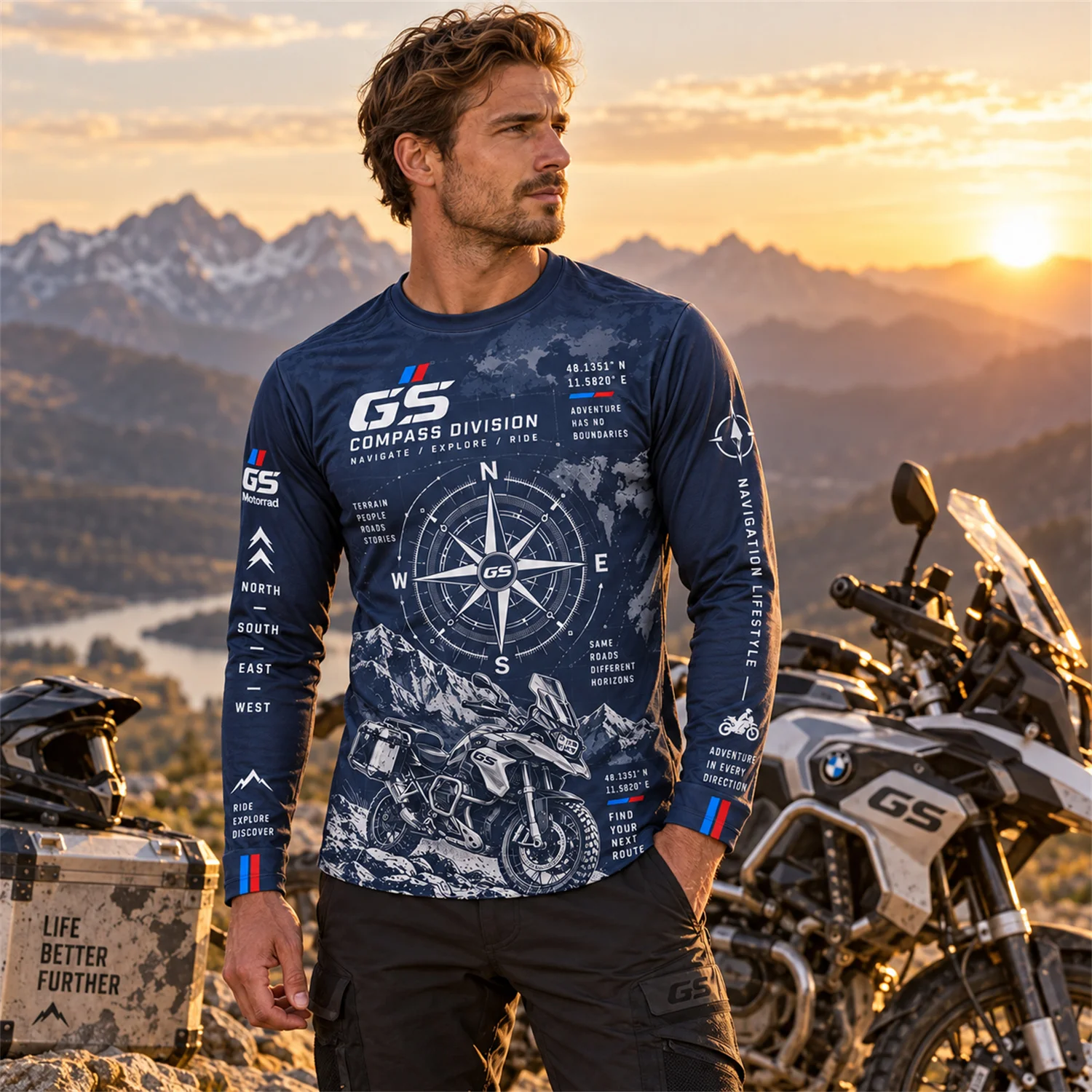 GS Motorrad Motorcycle Long Sleeve Shirt Compass Adventure Graphic Print Riding Jersey Unisex Biker Outdoor Travel Top