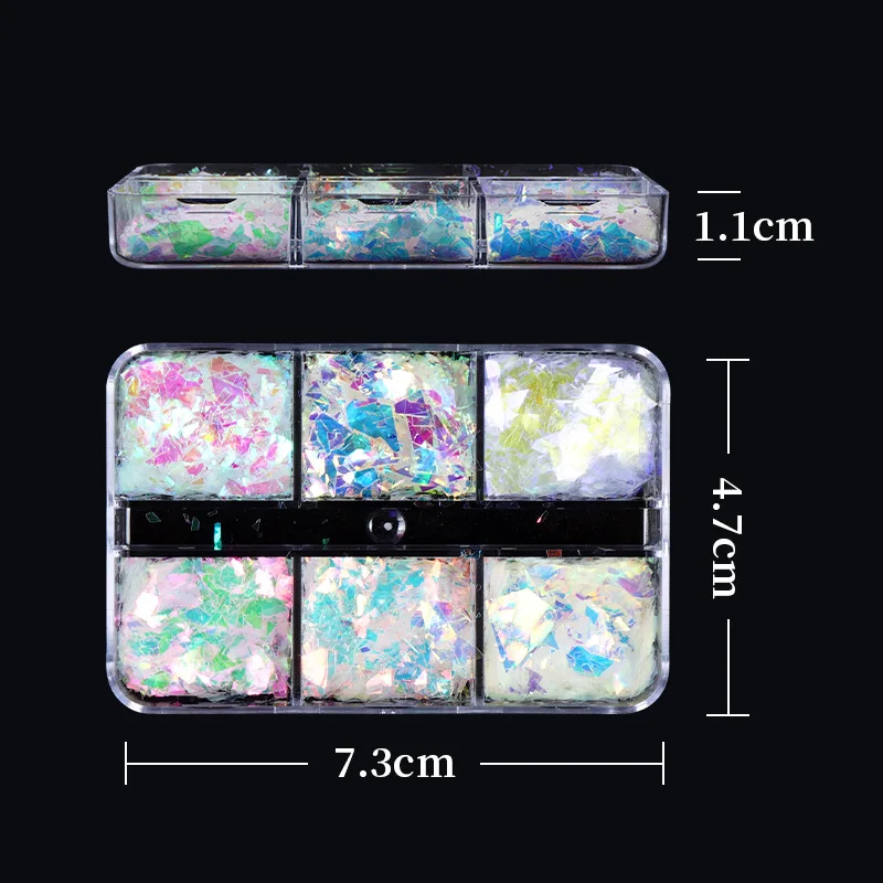 6 Grids Aurora Iridescent Opal Nail Glitters Flakes Chrome Powder Reflective Butterfly Star Nail Sparkles Gel Polish Decoration