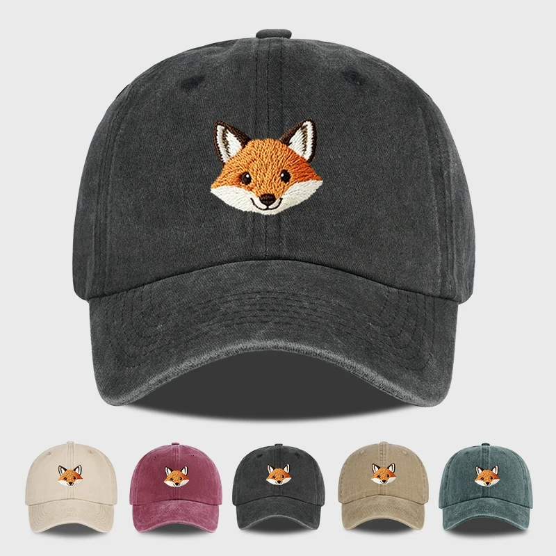 Urocza czapka baseballowa z haftowanym lisem, vintage, prana, w stylu streetwear, regulowana, unisex, idealna na kemping i wakacje