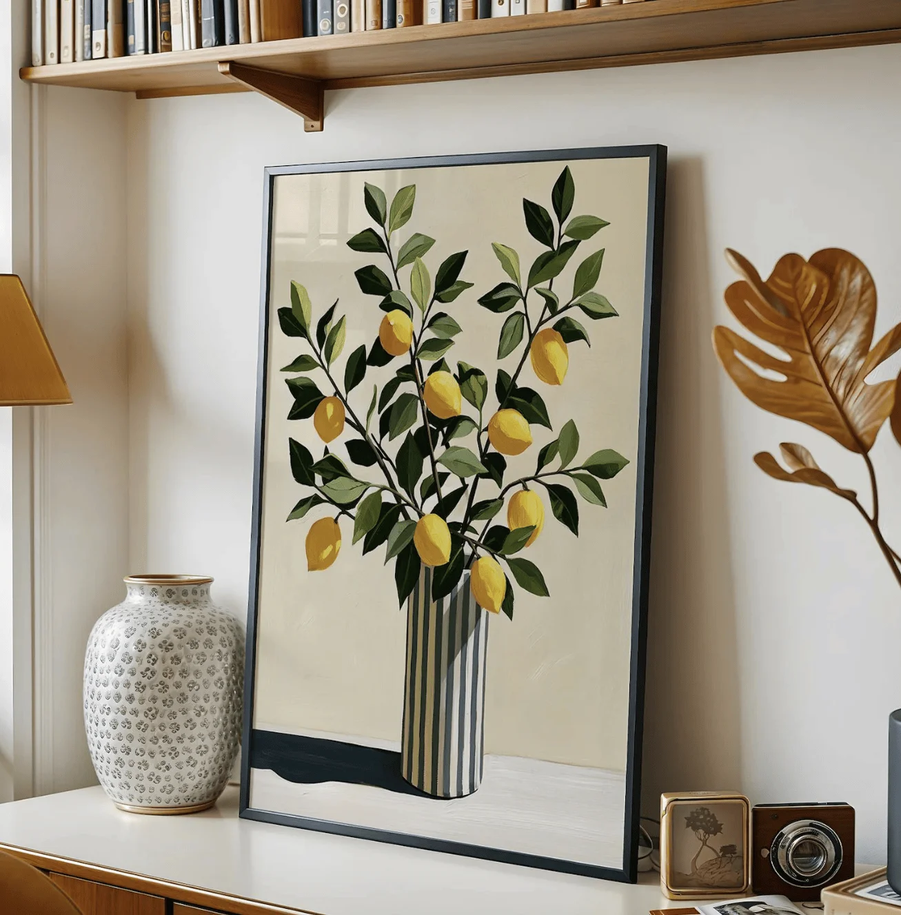 Neutral Lemon Still Life Canvas Wall Art Prints Decor, Striped Vase Plant Poster for Kitchen Dining Living Room