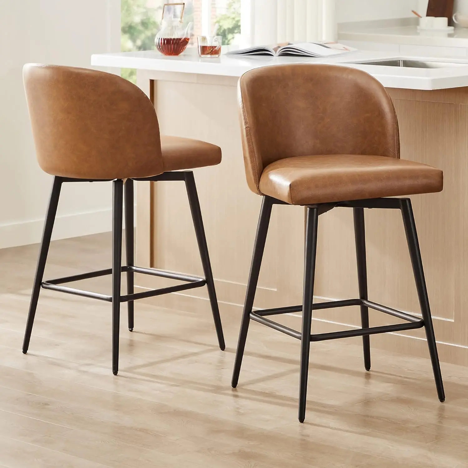 Counter Height Bar Stools Set of 2, 360° Swivel Upholstered Barstools with Backs and Metal Legs, 26