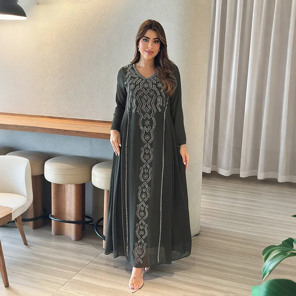 

Women's Solid Elegant Luxury Trendy V-neck Long Sleeve Ankle Length Loose Ceremonial Dresses Middle East Fashion Female Abaya