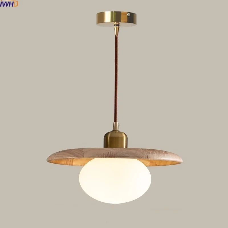 

IWHD Antique Brass LED Pendant Lamp Living Dining Room Retro Wood White Glass Wire Adjustable Hanging Lights Lampara Colgante