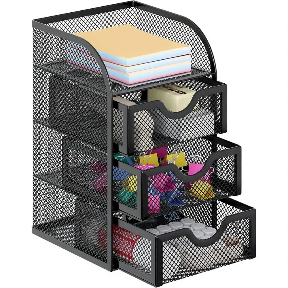 

3-Section Mesh Desk Organizer with Accessories Caddy for Office, Home, and Students in Black