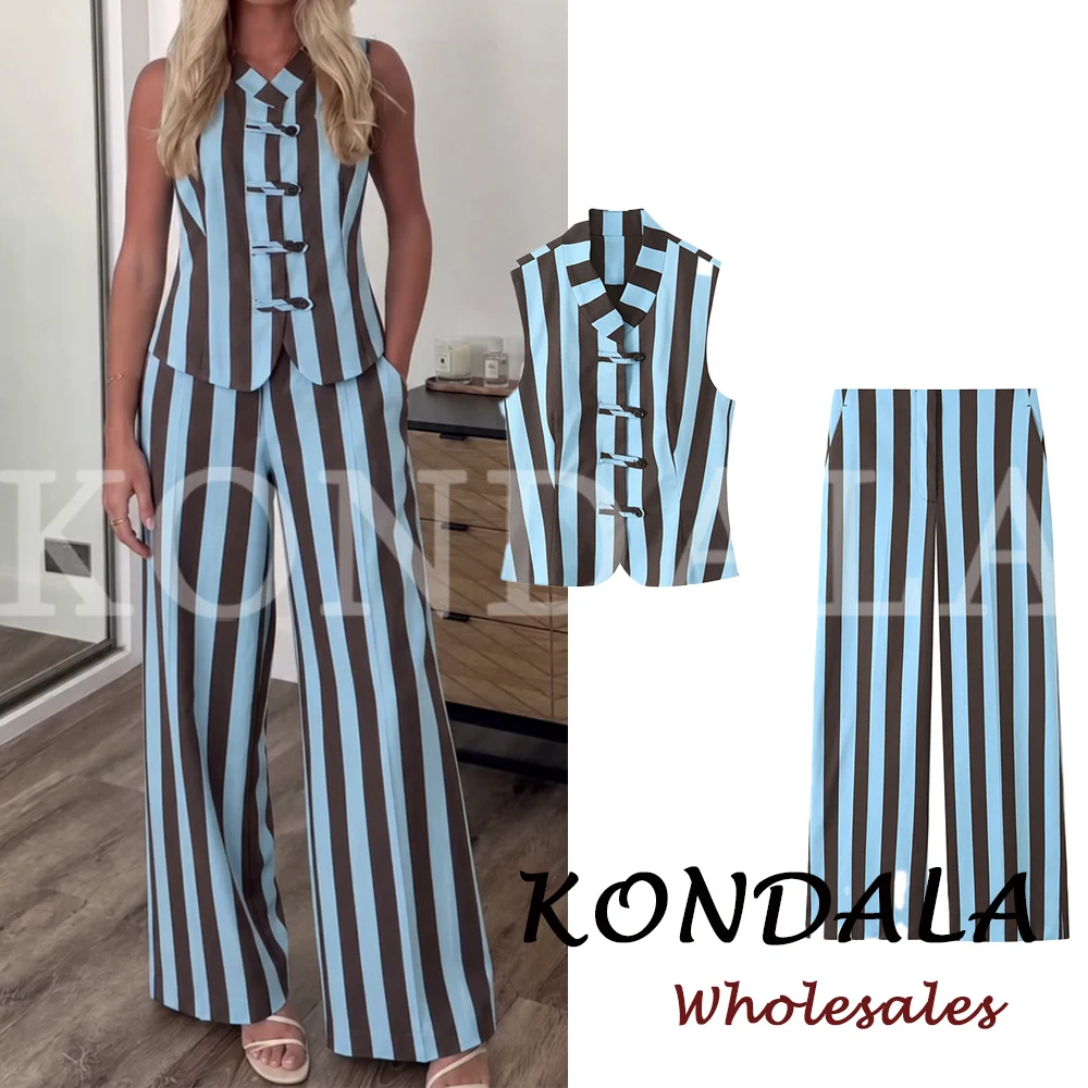 KONDALA Fashion Summer 2026 Women Striped Casual Suit Knots Straight Vest+Zipper Pockets Long Pants Vintage Female Chic Suits