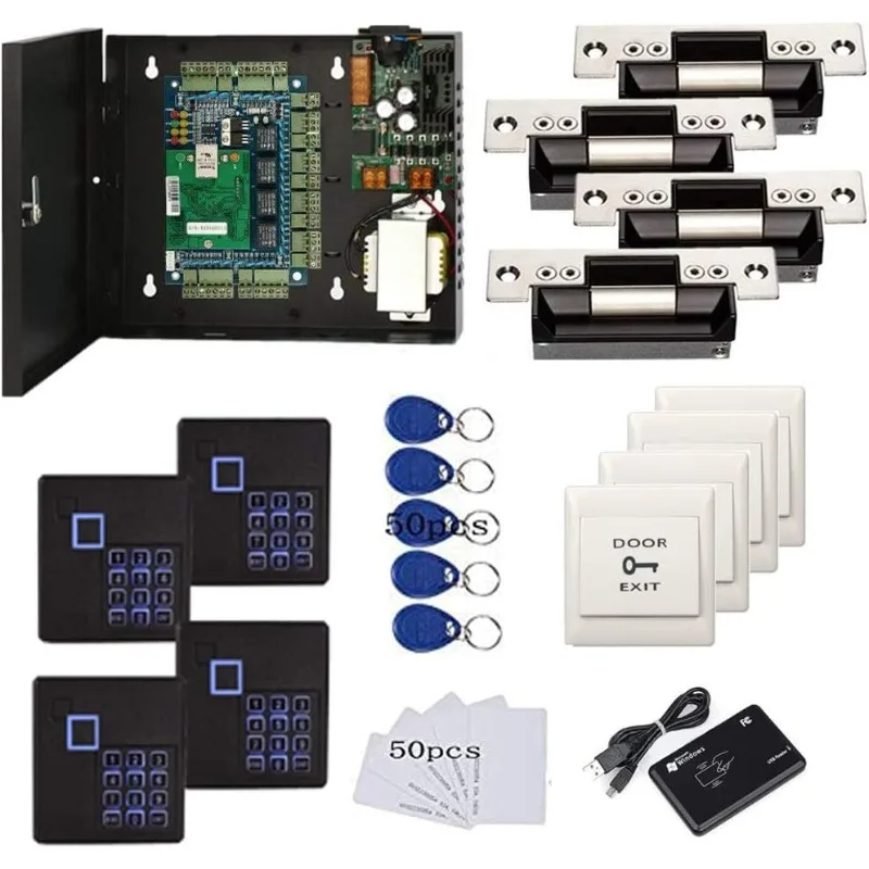 4 Doors Complete TCP/IP PIN Code RFID Card/Fob Access Control Systems with North American Standard Electric Strike for