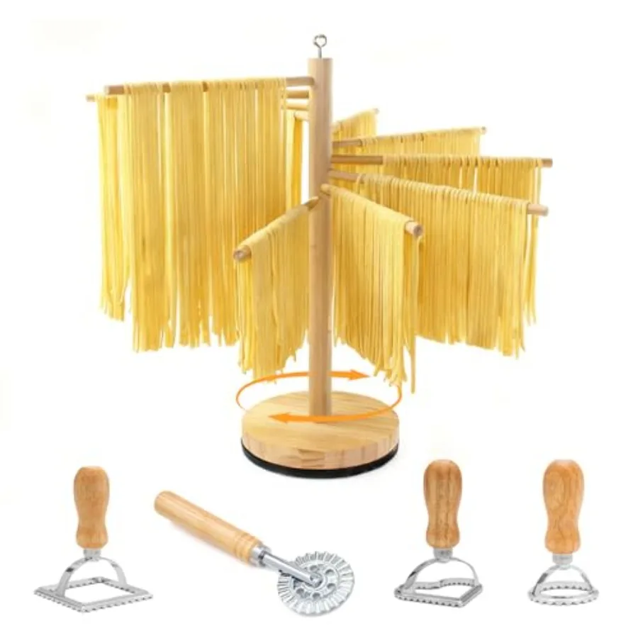 

Rotary Drying, Detachable Wood with Molds and Stamps Ravioli with Cutter Wheel 4 pcs,Spaghetti Dryer Collapsible Noodle Drying