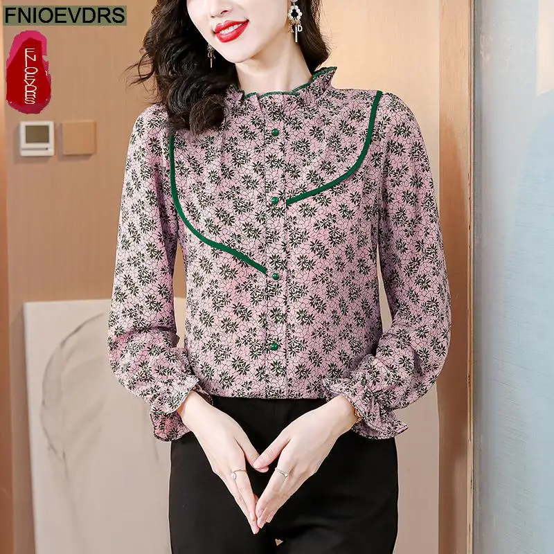 Office Lady Shirts 2023 Fall Autumn Basic Wear Work Women Retro Floral Print Long Sleeve Button Shirt Pink Ruffles Tops Blouses