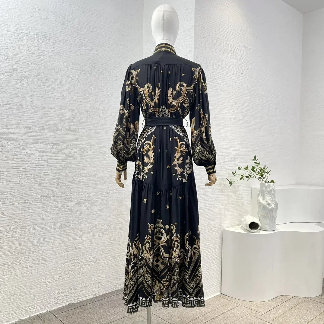 High Quality Silk Black Gold Position Print Long Lantern Sleeve Diamonds Pressed Stand Collar Pleat Women Midi Dress