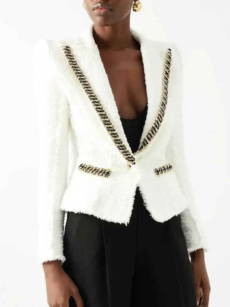 HIGH STREET Newest Fashion 2025 FW Desinger Blazer Women's Single Beading Chains Embellished Fringed Tweed Jacket