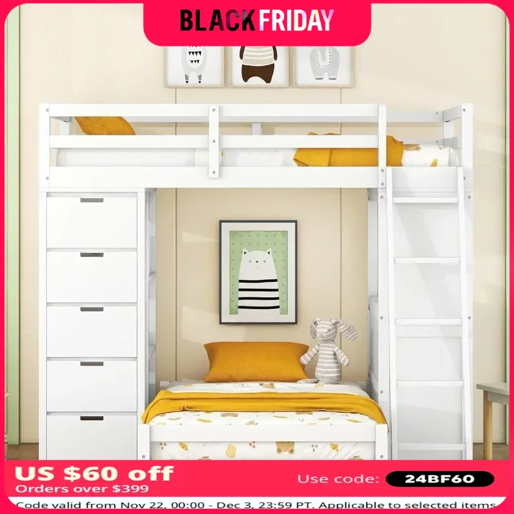 Bunk Beds, Twin Over Twin Bunk Beds with Built-in Desk & Shelves, Soild Wood Bed Frame with 5 Storage Drawers, Bed Furniture