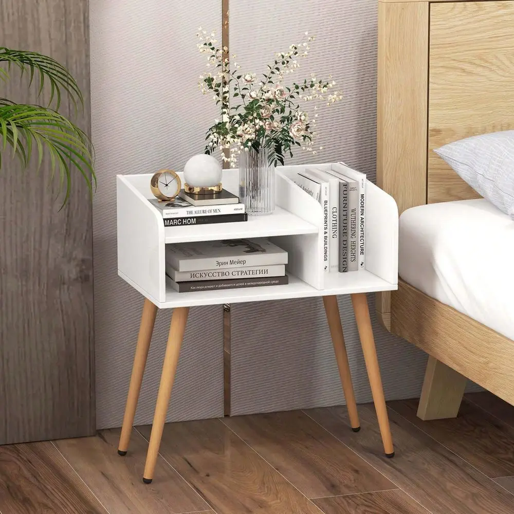

Прикроватный столик в стиле Mid-Century Modern с открытыми полками и металлическими ножками для спальни