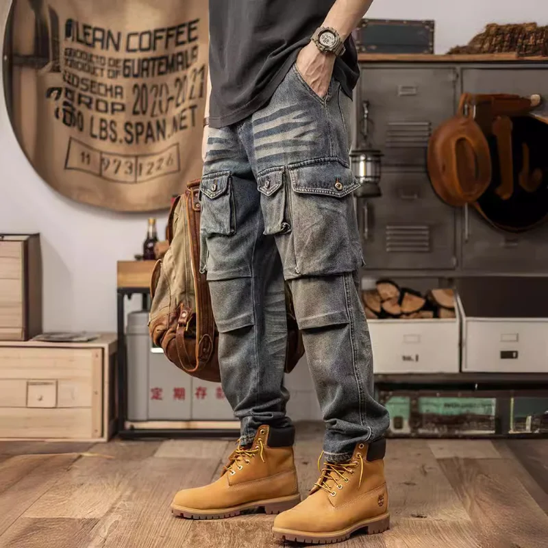 Men\'s spring and autumn vintage cargo pocket jeans outdoor casual loose straight leg casual pants