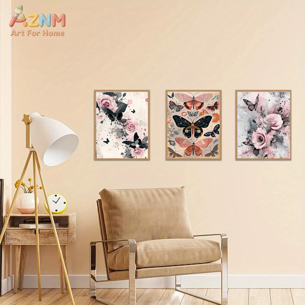AZNM Colorful Vintage Butterfly Canvas Poster Frameless Wall Art Floral Monarch Insect Oil Painting Print For Bedroom Living Roo