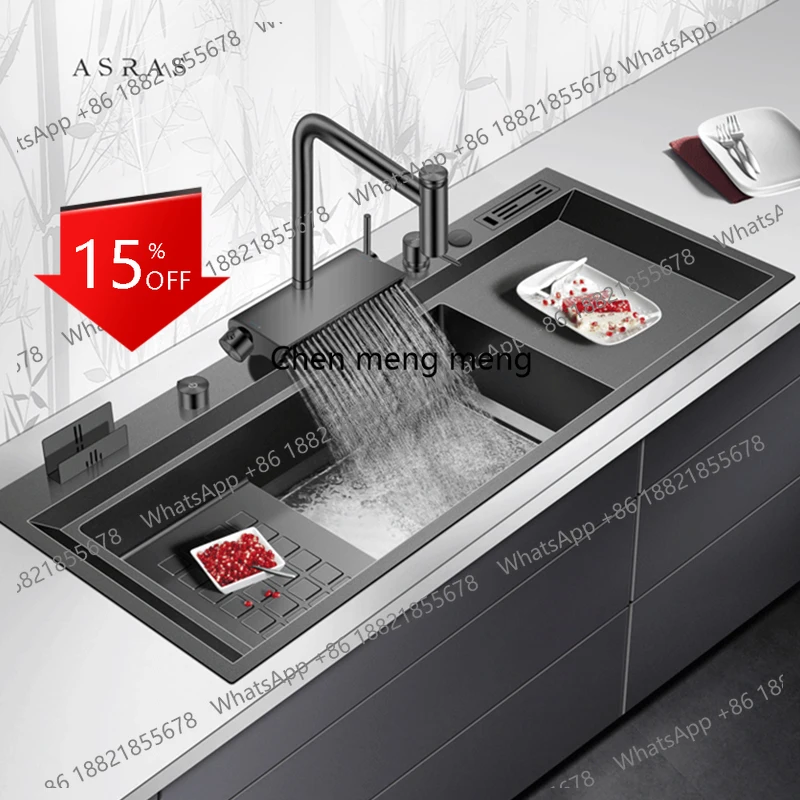 

A139 Nanometer Black Kitchen Sink 4mm Thickness Large Size Handmade Step Drain Plate Kitchen Sink Waterfall Faucet Sinks