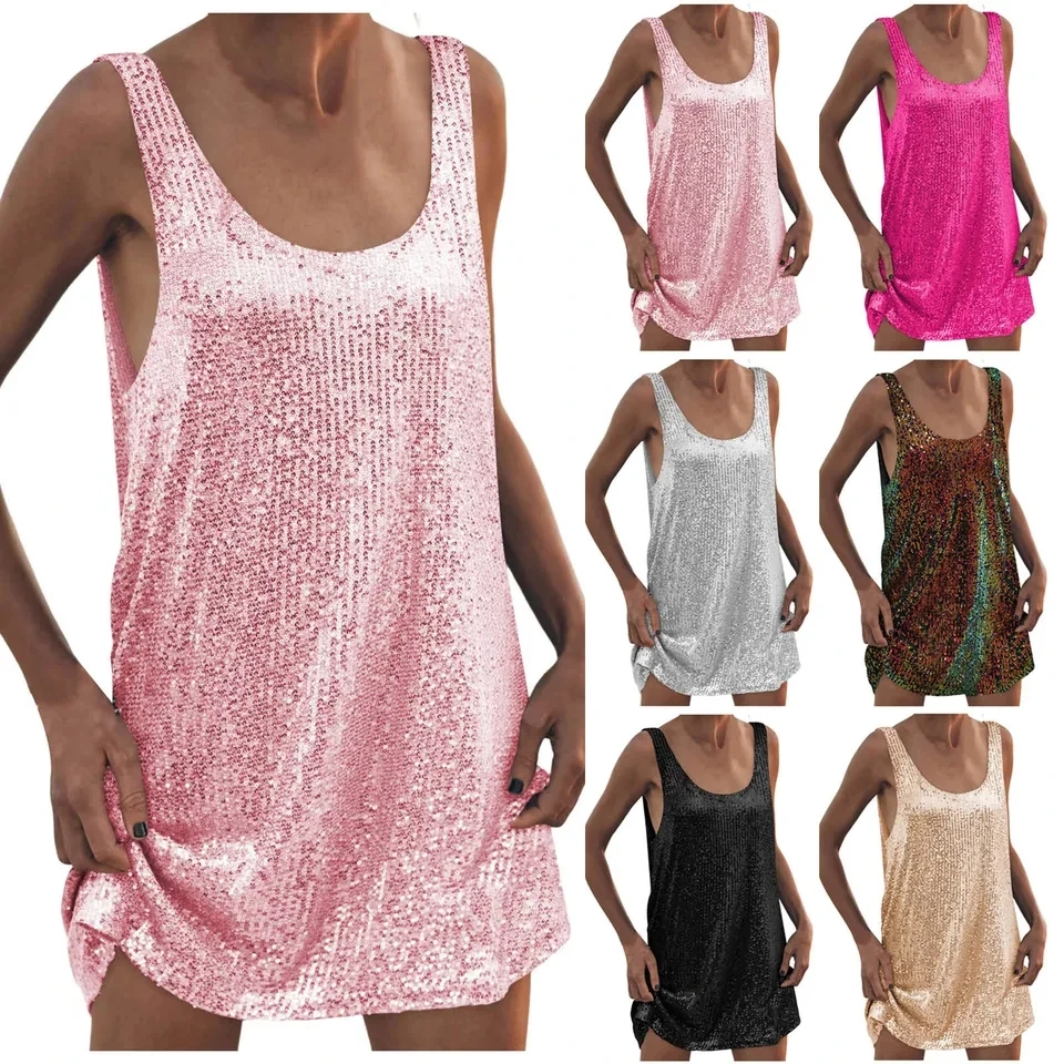 

Sexy Sequin Women's Dresses Sparkly Glitter Sleeveless Tank Mini Dress Summer New Fashion Club Party Dresses Vestidos Para Mujer