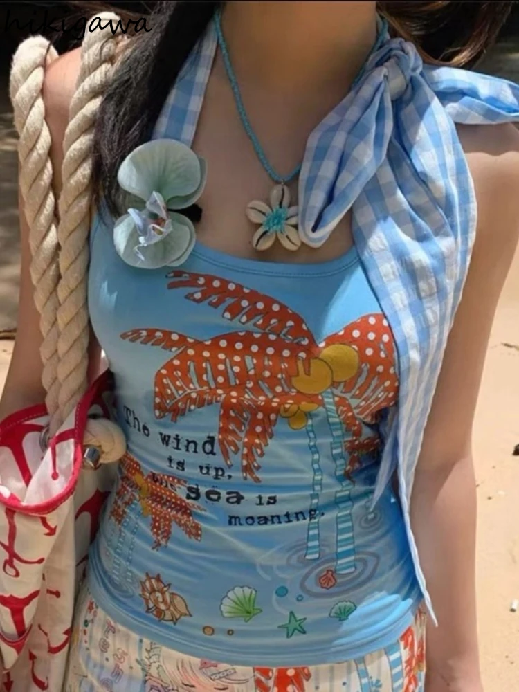Женская одежда 2025 года, бандажный жилет с принтом, укороченные топы с открытой спиной, милые футболки, модные летние майки, Ropa Mujer, милая туника, японские майки