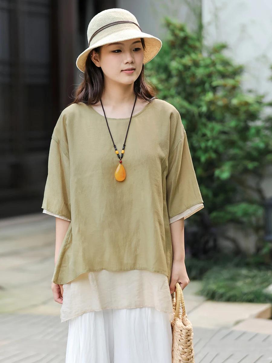 LZJN Women's round neck short sleeve loose Chinese  coat fake two tops