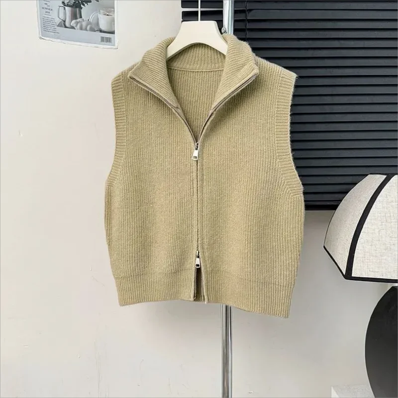 2024 Grey Knitted Vest Cropped Sleeveless Vests For Women Streetwear zip Up Waistcoat Knit Vest Fashion Autumn Sweater