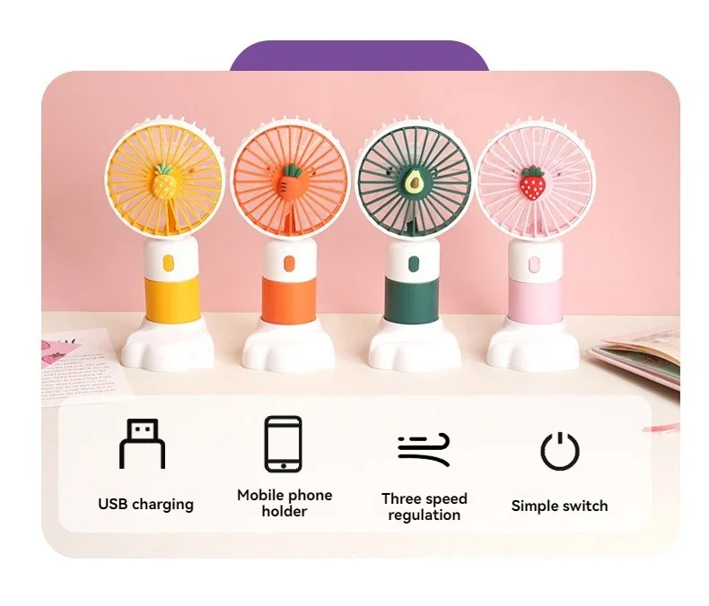 New Mini Handheld Electric Fan Cartoon Fruit Shaped Silent Three Speed Regulation with Base USB Rechargeable Portable Mini Fan