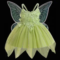 Children's Fancy Halloween Christmas Cosplay Girls Green Forest Elf Flower Fairy Tinker Bell Princess Dress Carnival BirthdaySet