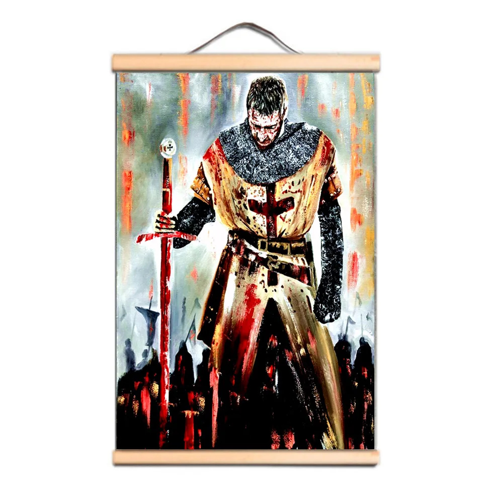 Knights Templar Art Posters Canvas Scroll Painting with Solid Wood Axis The Crusades Wall Hanging Flag Vintage Home Decor Mural