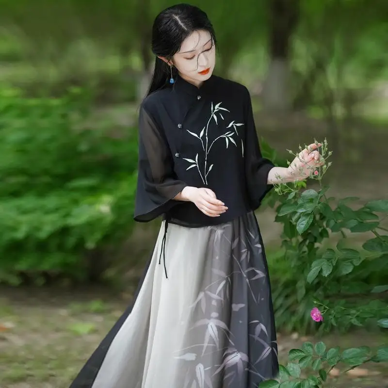 

Китайское традиционное платье, женская уличная одежда Hanfu, повседневная одежда, винтажная этническая стильная одежда с чернилами, модная весенне-летняя одежда