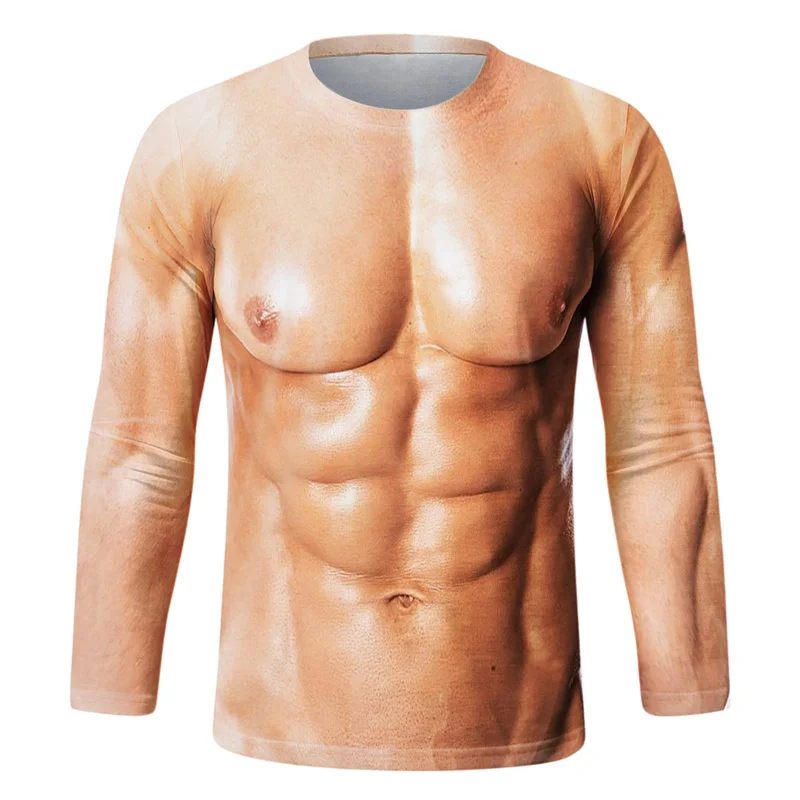 Funny Fake Muscle Graphic 3D Print Sport Quick-dry Breatha Long Sleeve ManTShirt Outdoor Street Casual Fashion  Y2K Harajuku Top