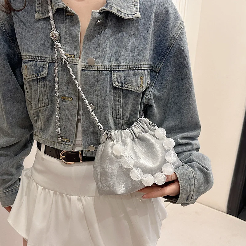 Korean Fashion Solid Pu Bucket Bags Trendy Simple Beaded Tote Handbags For Women Daily Shopping Shoulder Bag Crossbody femme
