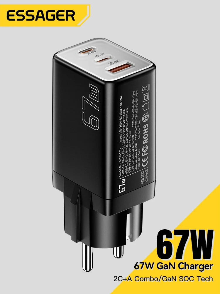 Ładowarka Essager GaN USB typu C 67W 45W 33W KR EU Wtyczka Szybkie ładowanie do Samsung iPhone 16 15 14 Pro Huawei Telefon Ładowarki do laptopa — zdjęcie produktu 7