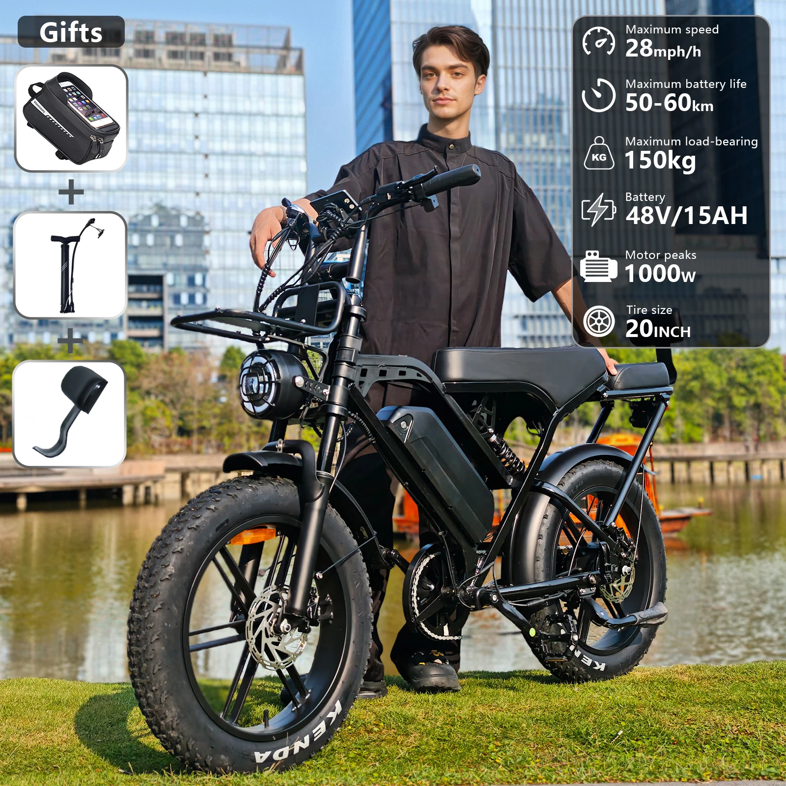 

X80 Pro Adult Ebike, 1000W Motor, 20-inch Fat Tire Electric Bicycle, Hydraulic Brakes, 7-Speed ​​Transmission, 48V 15Ah Long Range, All-Terrain Off-Road Electric Bicycle, Front and Rear Suspension, Anti-Theft Alarm