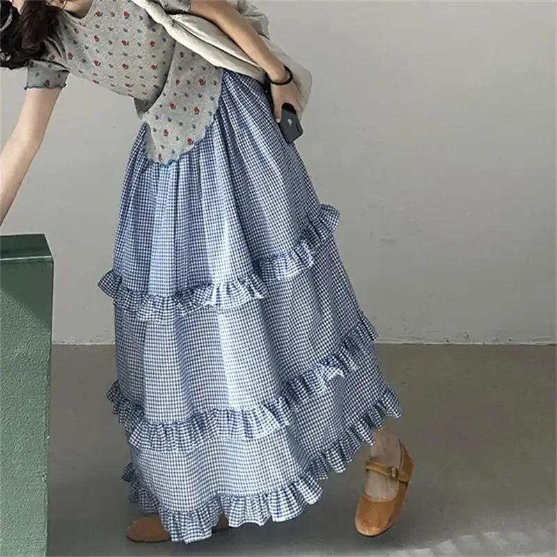 

2024 New Arrival Summer Women All-matched Casual Loose Fit Ruffles Patchwork A-line Elastic Waist Ankle-length Skirt