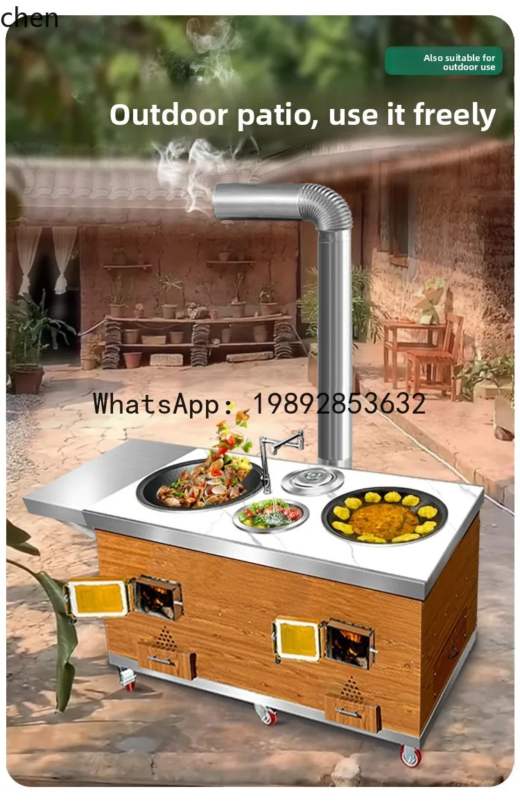 AA  Household Wood-Burning Double Stove with Stone Countertop, Movable Outdoor Large Iron Pot Earth Stove