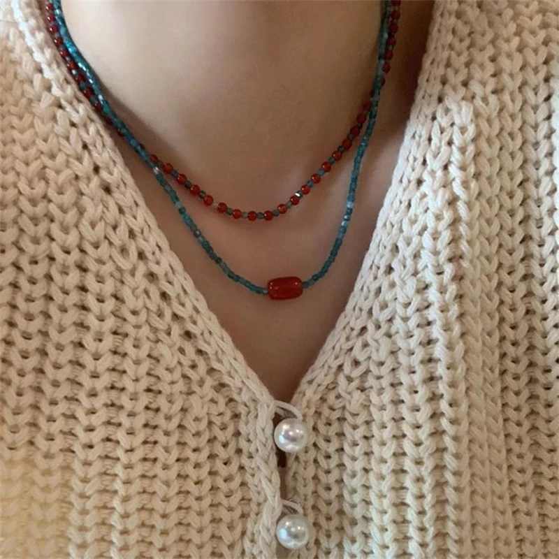 Retro Red Blue Contrast Colorful Natural Stone Cubes Beaded Necklace for Women Wholesale Beads Strand Chokers Aesthetic Jewelry