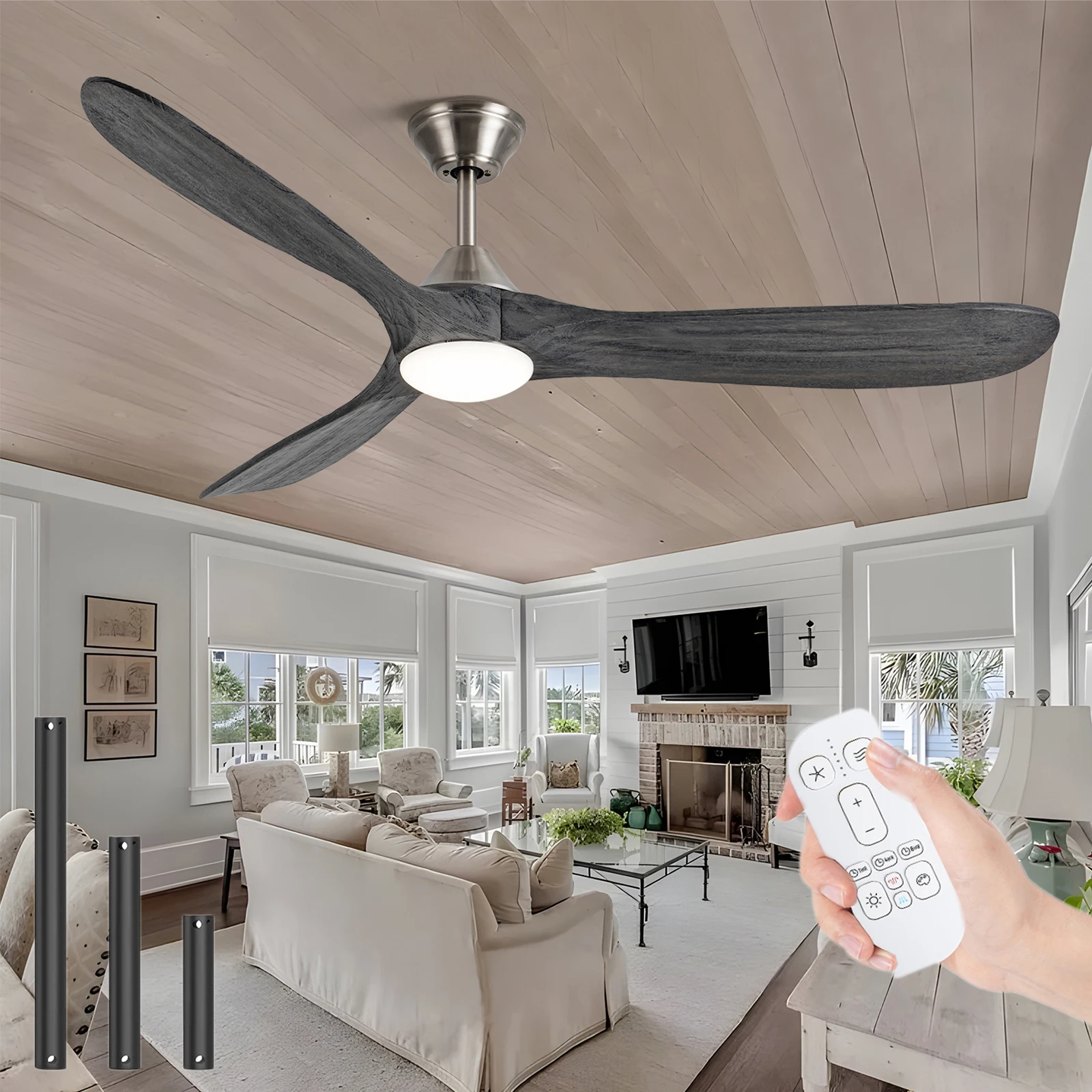 

60'' /70'' Grey Wood Ceiling Fan with Light and Remote, 6 Speed, Rustic 3 Blades Large Fan for Living Room Outdoor Patio