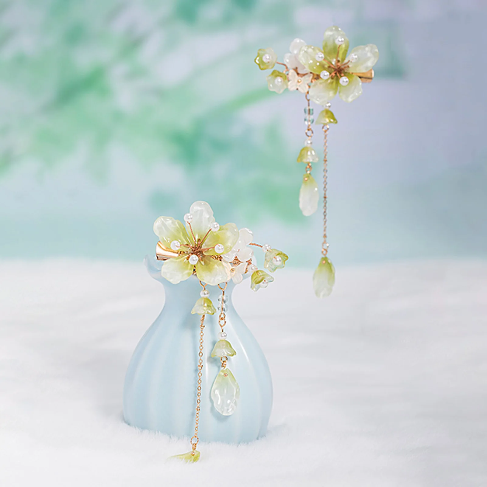 

2pcs Green Flower Hairpin Chinese Hanfu Hair Clips For Women Pearl Tassel Barrettes Girls Vintage Wedding Hair Jewelry Gifts