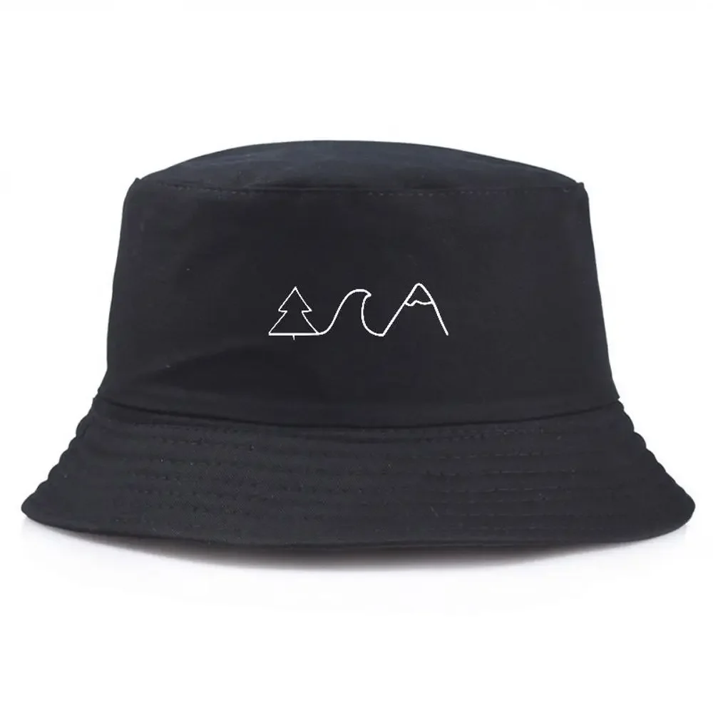 

Black Bucket Hat Summer Fisherman Fishing Hat With Mountain Tree, Outdoor Caps For Summer Beach Hiking Fishing