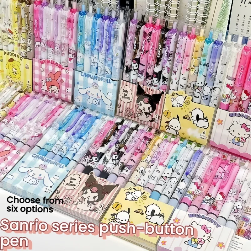 

6 штук в коробке, быстросохнущие ручки Sanrio с мультяшным дизайном, стильные нейтральные ручки 0,5 мм, черные шариковые ручки, милые и стильные.