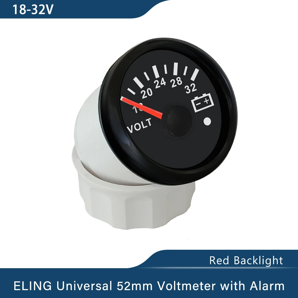 ELING Waterproof 52mm 8-16V 18-32V Voltmeter Volt Gauge with Red Backlight and Alarm for Car Boat Yacht Truck Universal