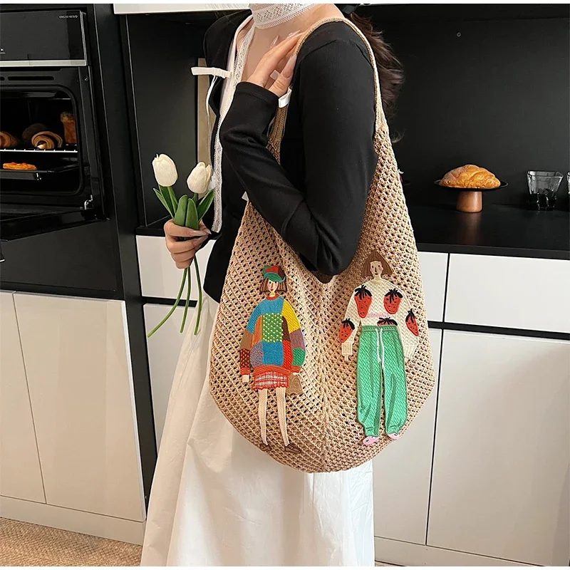 Hohle gestrickte Umhängetasche aus Netzstoff, Strandurlaub, lässige, schicke Cartoon-Einkaufstasche, leichte, lässige, gewebte Damenhandtasche mit Entspannung – Detail 13