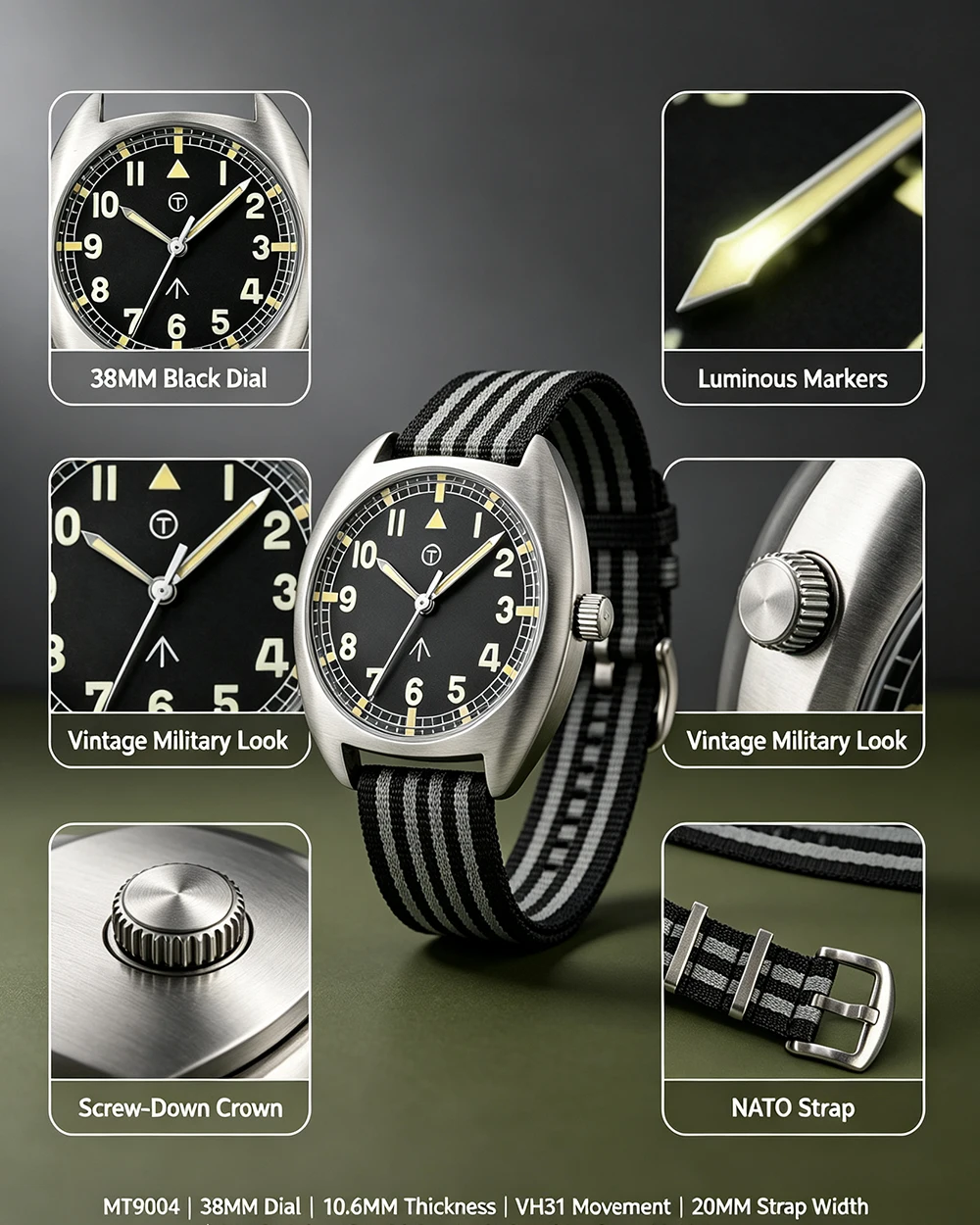 MILITREK MT9004 Vintage-Militär-Quarzuhr, 38 mm, 316L-Edelstahl, 100 m wasserdicht, Saphirglas, C3, leuchtende Herren-Felduhr – Detail 2