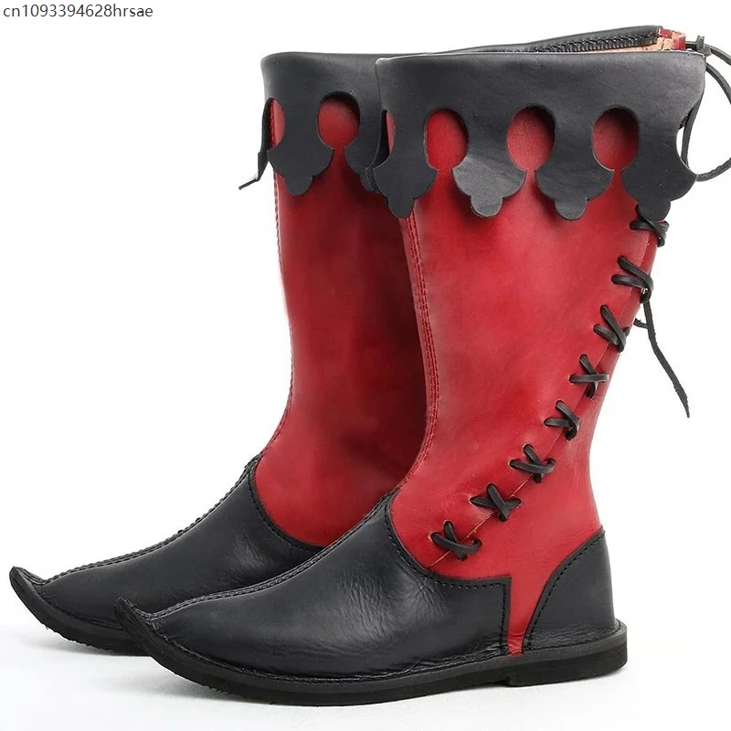 Medieval Men Pirate Boots Red Black Contrast Color Leather High-shaft Boots Renaissance Gothic Cosplay Party Costume Shoes