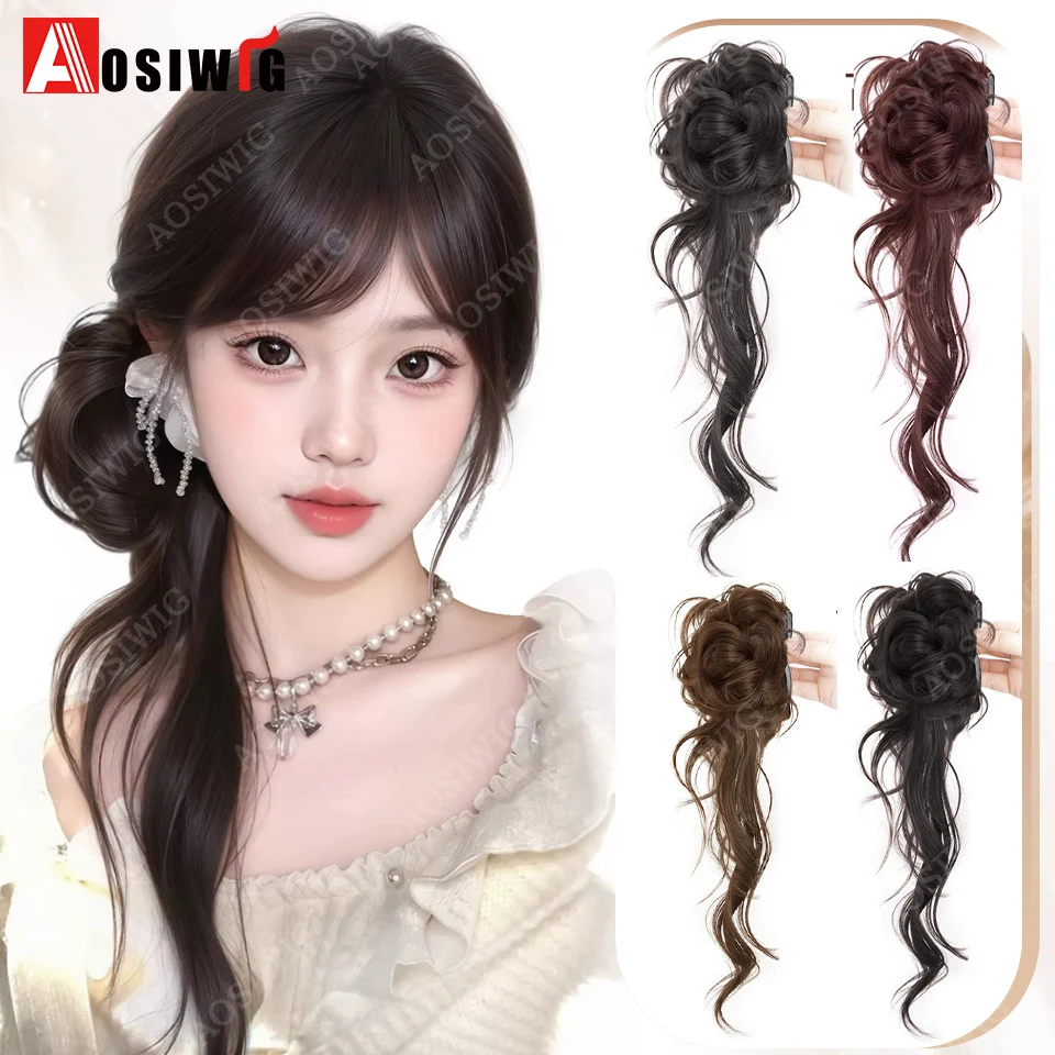 1Pc Synthetic Wig Messy Bun Ponytail Claw Clip Curly Wig Side Tied With Low Ponytail Temperament Fluffy Wig For Women Daily Use