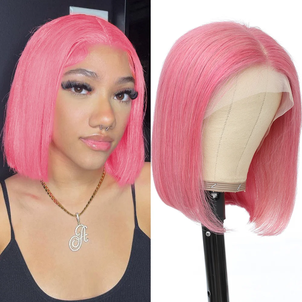 

Pink Short Bob Wig Human Hair HD Lace Front Wigs Straight Ombre Honey Blonde Red Pink Silver 13X4 Cut Lace Frontal Wig