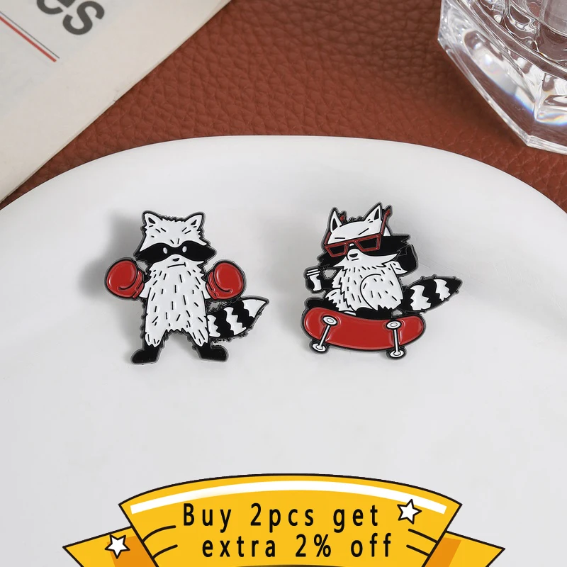 Creative Fun Boxing and Skateboard Raccoon Enamel Pin, Cute Cool Street Animal Badge, Fashion Accessory, Gift for Friends
