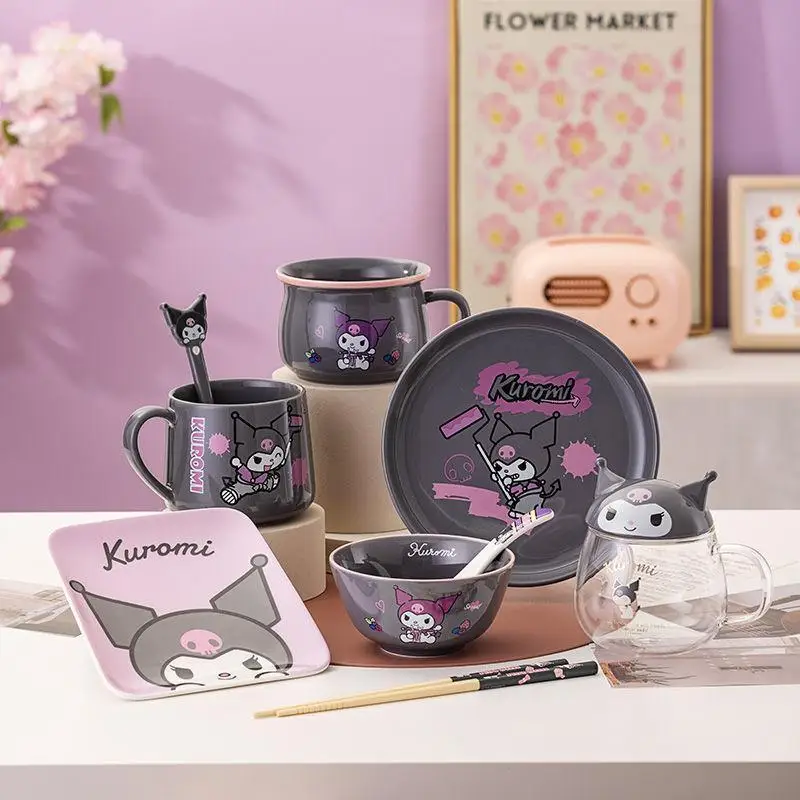 Sanrio Ceramic Tableware Kuromi Rice Bowl Kawaii Cup Ladle with Lid Chopsticks and Plates Cartoon Creative Female Household